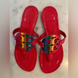 Tory Burch Miller Sandals Thong Flip Flop Size 8 Leather Red Rainbow Sandals
